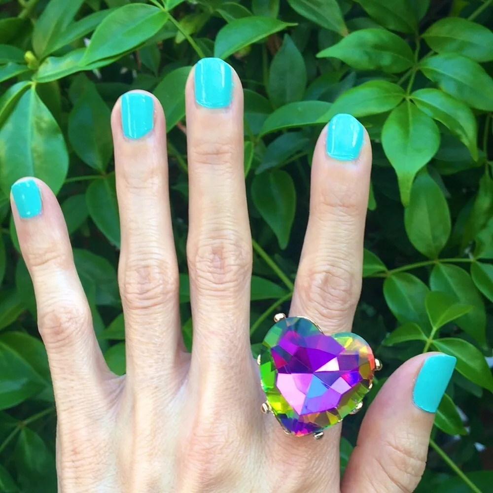 Oversized Heliotrope Crystal Heart + Gold Cocktail Statement Ring